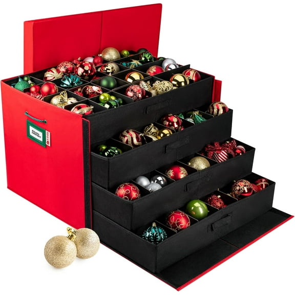 Hold N' Storage Christmas Ornament Storage Box with Dividers and Handles, Stores up to 96 - 3" Ornaments - Red