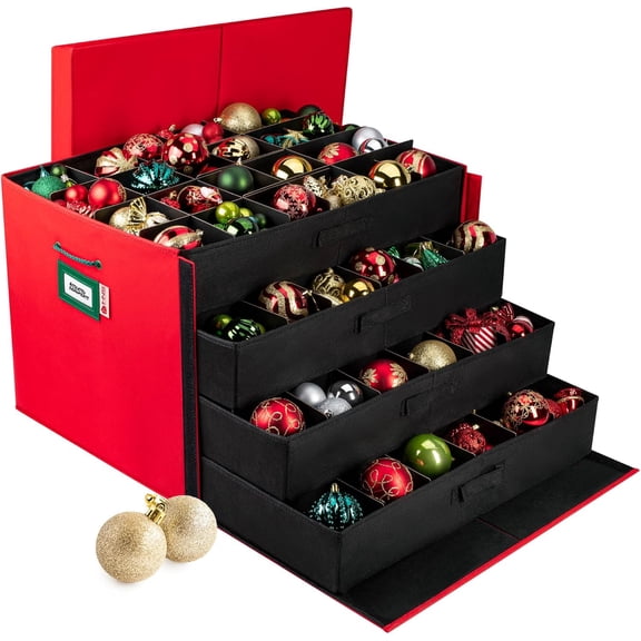 HOLDN' STORAGE Christmas Ornament Storage Box with Dividers and Handles, Stores up to 96 - 3" Ornaments - Red