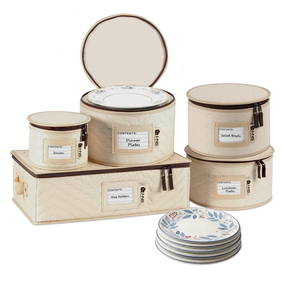 Hard Shell China Storage Containers 5-Piece Set Moving Boxes for Dinnerware, Glasses, Plates, Mugs and Saucers Sturdy Dish Organizer with Dividers for Seasonal Storage - Service for 12 - Quilted