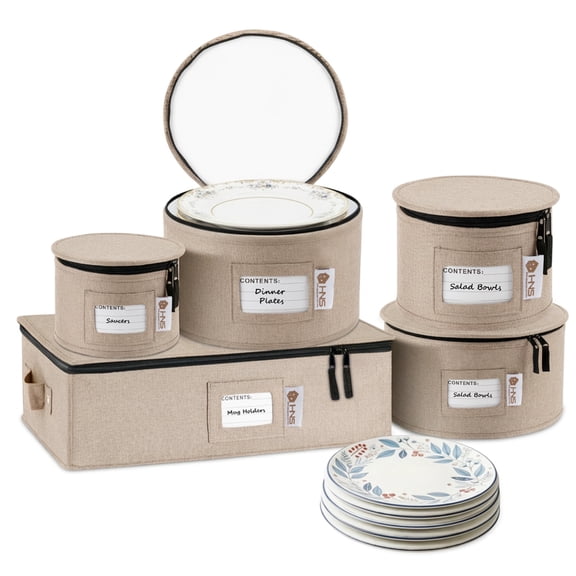 Hard Shell China Storage Containers 5-Piece Set Moving Boxes for Dinnerware, Glasses, Plates, Mugs and Saucers Sturdy Dish Organizer with Dividers for Seasonal Storage - Service for 12 - Brown