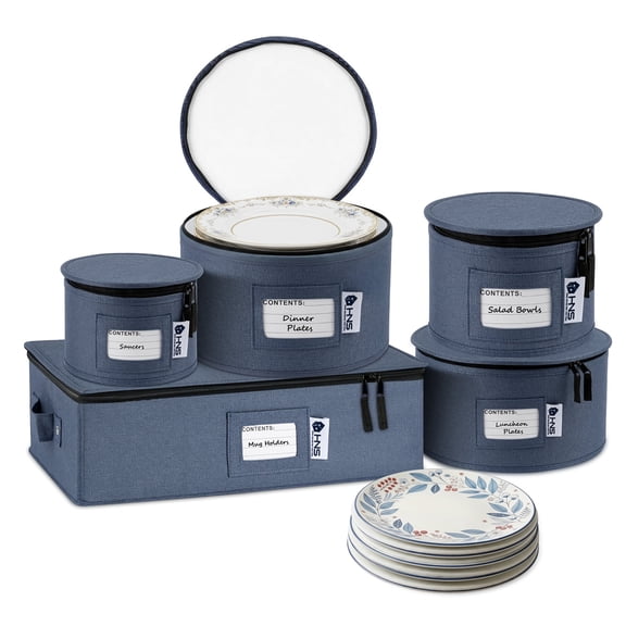 Hard Shell China Storage Containers 5-Piece Set Moving Boxes for Dinnerware, Glasses, Plates, Mugs and Saucers Sturdy Dish Organizer with Dividers for Seasonal Storage - Service for 12 - Denim Blue