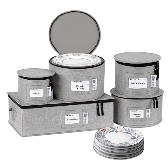 Hard Shell China Storage Containers 5-Piece Set Moving Boxes for Dinnerware, Glasses, Plates, Mugs and Saucers Sturdy Dish Organizer with Dividers for Seasonal Storage - Service for 12 - Gray