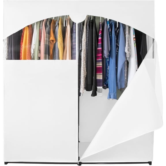 HOLDN' STORAGE Portable Wardrobe Closet with Heavy Duty Metal Rod 65 lb Capacity Zipper Clear Window and Canvas Cover for Clothes Storage, White