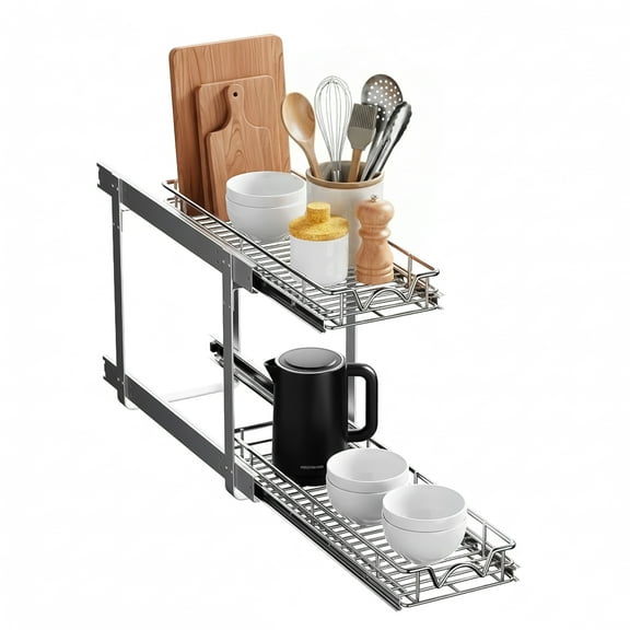 HOLDN' STORAGE Pull Out Cabinet Organizer 2 Tier. Anti-Rust Chrome Finish - 8.5"W x 21"D x 16.5"H