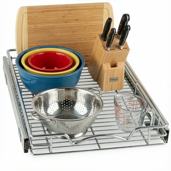 Hold N' Storage Pull Out Cabinet Organizer, Steel Metal Chrome - Basket Size 14” W x 17”D