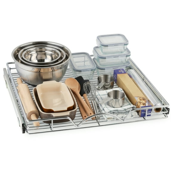 Hold N' Storage Pull Out Cabinet Organizer, Steel Metal Chrome - Basket Size 20” W x 17”D