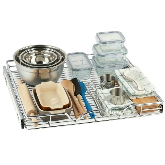 Hold N' Storage Pull Out Cabinet Organizer, Steel Metal Chrome - Basket Size 22” W x 17”D