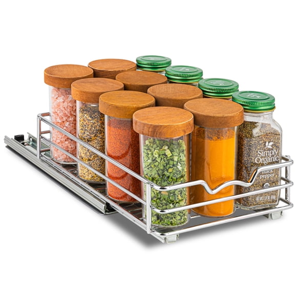 HOLDN’ STORAGE Pull-Out Cabinet Spice Rack Organizer, Heavy-Duty Chrome Metal, 6 ½ W x 10 ½ D x 2 ¾ H Inch