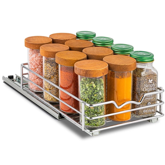 HOLDN’ STORAGE Pull-Out Cabinet Spice Rack Organizer, Heavy-Duty Chrome Metal, 6 ½ W x 10 ½ D x 2 ¾ H Inch
