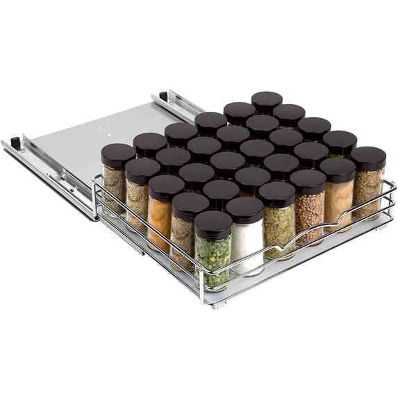 HOLDN’ STORAGE Pull-Out Cabinet Spice Rack Organizer, Heavy-Duty Chrome Metal, 12 ⅜ W x 10 ½ D x 2 ¾ H Inch
