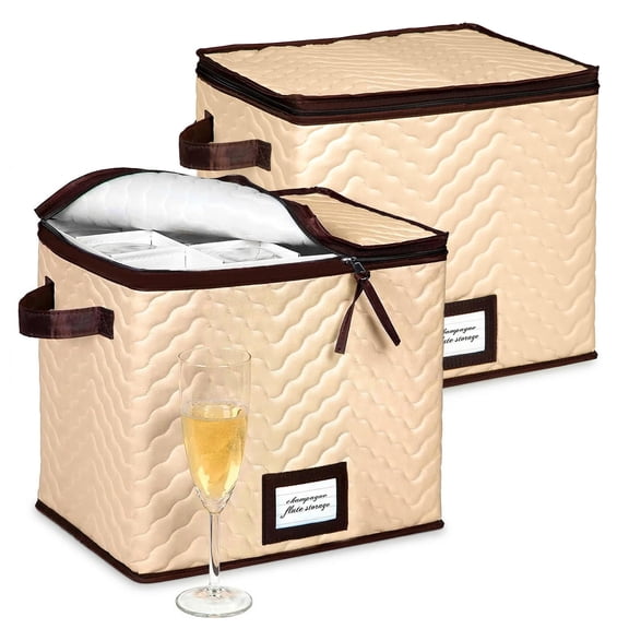Wine Glass Storage Box with Dividers, Holds 12 Glasses up to 3-in Wide, Quilted Microfiber Stemware Storage Case with Carry Handles, Ideal for Champagne Flute Glasses, 2 Pack