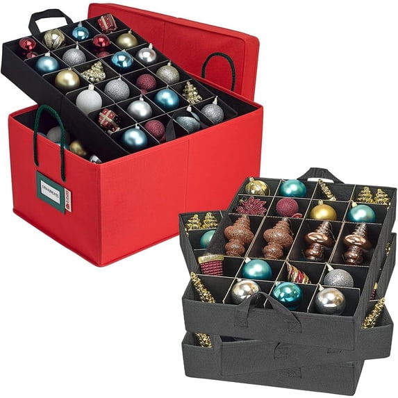 Hold N' Storage Under Bed Christmas Ornament Storage Box with Dividers and Trays - Fits up to 72- 3" Ornaments - Red
