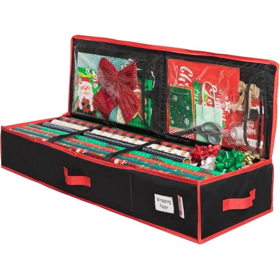 HOLDN' STORAGE Wrapping Paper Storage Container, Fits 27 Rolls Gift Wrap, Extra Pockets for Ribbons & Bows, Underbed Storage - Black & Red Trim