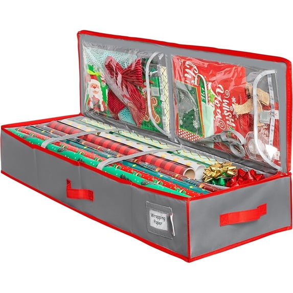 HOLDN' STORAGE Wrapping Paper Storage Container, Fits 27 Rolls Gift Wrap, Extra Pockets for Ribbons & Bows, Underbed Storage - Gray & Red Trim