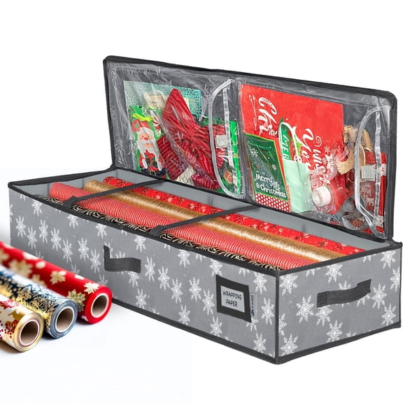 Hold N' Storage Wrapping Paper Storage Container. Fits up to 27 Rolls 1.37" Diam. Gray with White Snowflakes