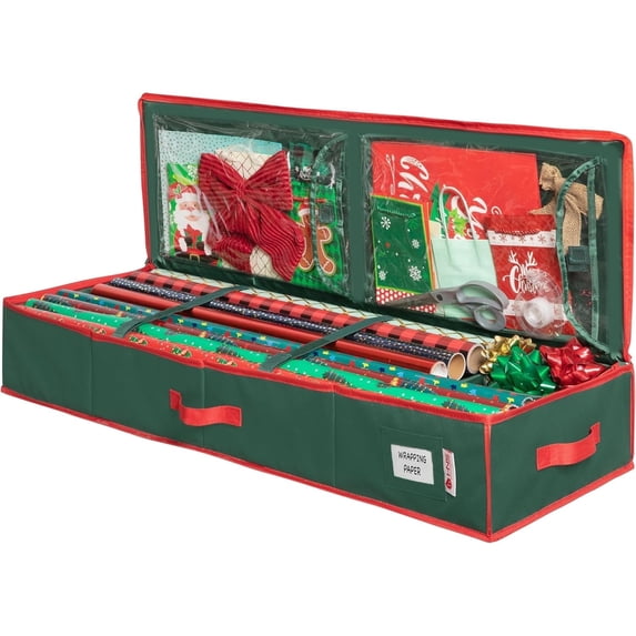 HOLDN' STORAGE Wrapping Paper Storage Container, Fits 27 Rolls Gift Wrap, Extra Pockets for Ribbons & Bows, Underbed Storage - Green & Red Trim