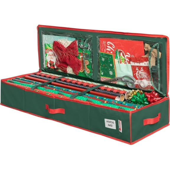 Hold N' Storage Wrapping Paper Storage Container. Fits up to 27 Rolls 1.37" Diam. Green with Red Trim