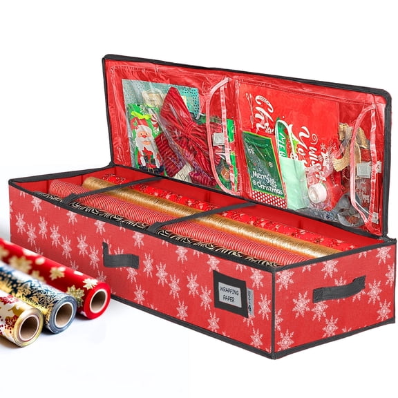 HOLDN' STORAGE Wrapping Paper Storage Container, Fits 27 Rolls Gift Wrap, Extra Pockets for Ribbons & Bows, Underbed Storage - Red with White Snowflakes