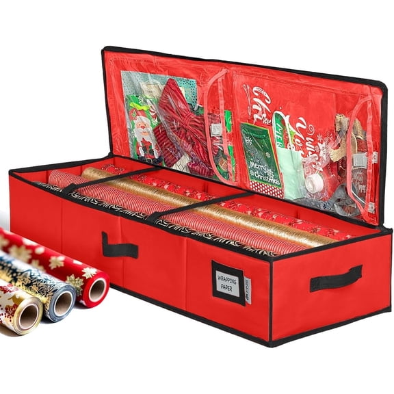 HOLDN' STORAGE Wrapping Paper Storage Container, Fits 27 Rolls Gift Wrap, Extra Pockets for Ribbons & Bows, Underbed Storage - Red