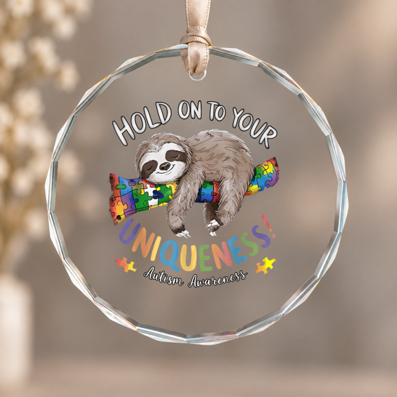 Hold On to Your Uniqueness Sloth Autism Puzzle Ornament, Keepsake Decor, Circle Glass Ornament