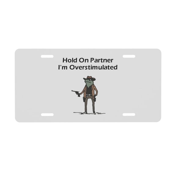 Hold On Partner I'm Overstimulated Cowboy Frog License Plate with 4 Holes,Novelty Aluminum Metal Car Plate Vanity Tag Decorative Car Front Accessories for Women Men,6"x12"