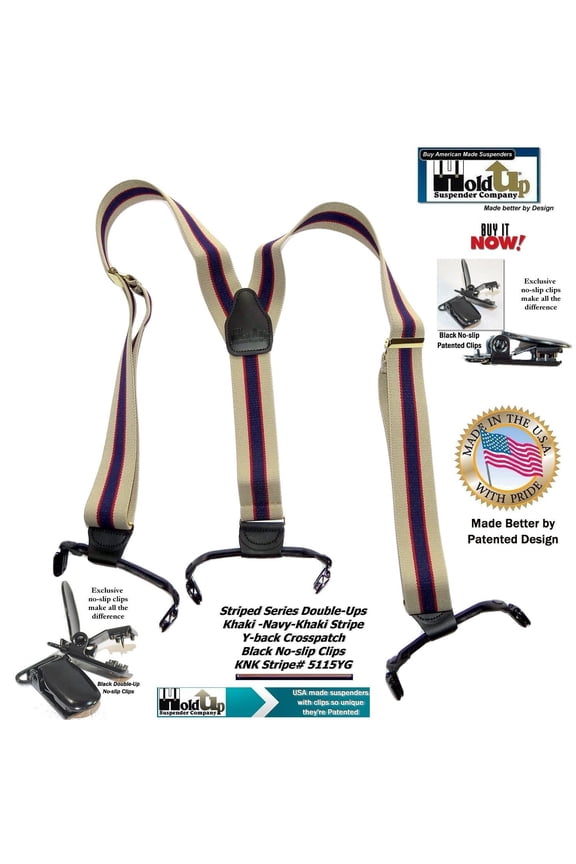 Hold-Up Brand Khaki Tan and Navy stripe pattern suspenders with 1 1/2" wide straps in Double-Up Style and patented No-slip Clips