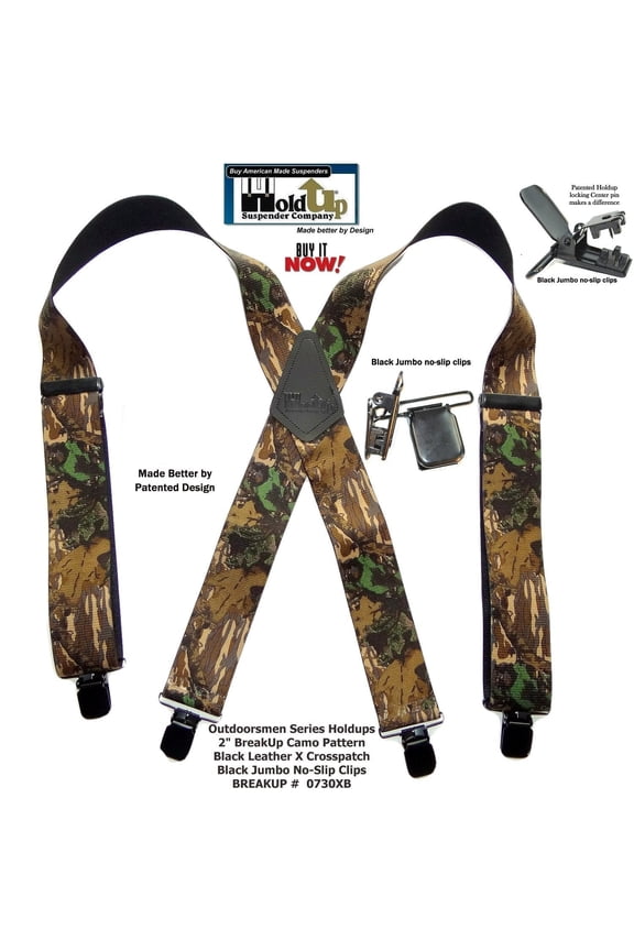 Hold-Up Trademarked Breakup Camo Pattern 2" Wide Suspenders X-Back USA Patented black No-slip Clips