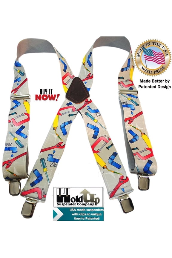 Hold-Ups 2" Wide Work Suspenders in Plumber Pattern X-back with Patented jumbo No-slip Clips
