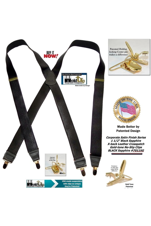 Hold-Ups Black Satin Finish 1 1/2" Wide in X-back with Patented No-slip Gold Clips