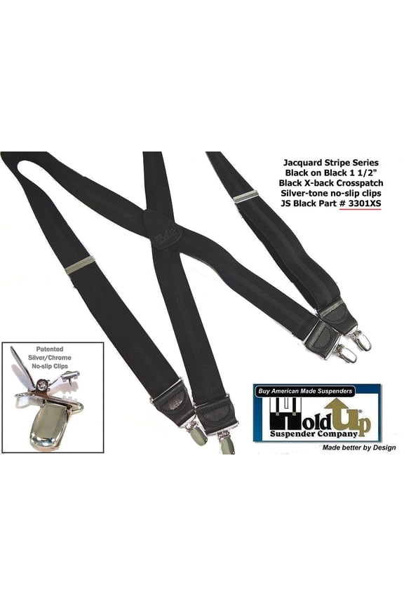 Hold-Ups Black Stripe Jacquard 1 1/2" X-back style and Patented No-slip Nickel Clips.