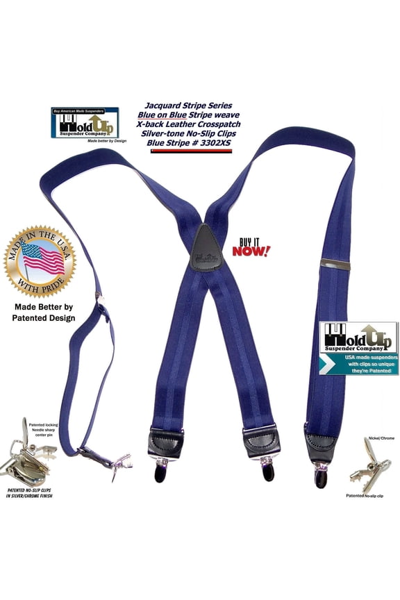 Hold-Ups Blue Stripe Jacquard Series 1 1/2" X-back style and Patented No-slip Silver Clips