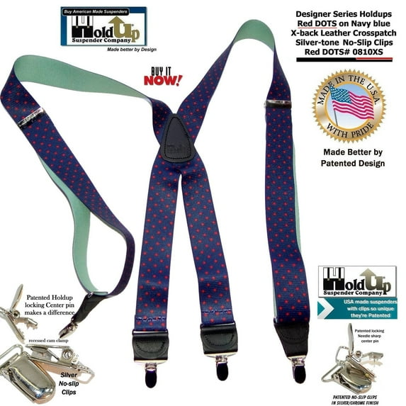 Hold-Ups Blue with Red Dot designer Pattern X-back Suspenders with patented No-slip Silver-tone Clips