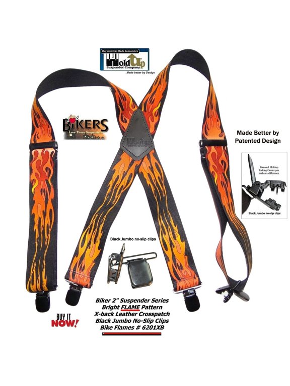 Hold-Ups Flame Pattern 2" wide Biker Suspenders with USA Patented Jumbo no-slip Clips