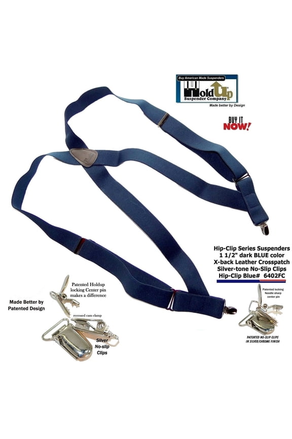 Hold-Ups Navy Blue Trucker Style Hip-clip Suspenders in 1 1/2" Width and USA Patented  No-slip Clips