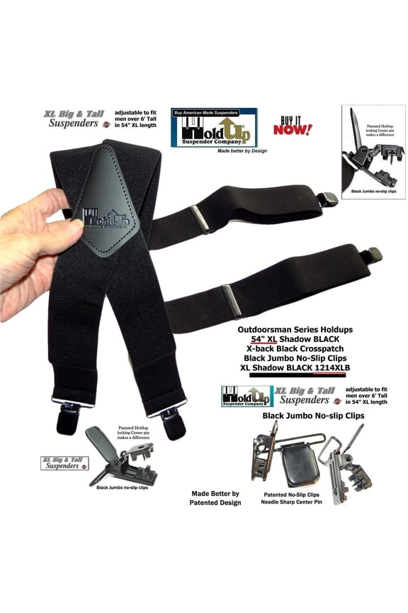 Hold-Ups Outdoorsman Series Shadow Black in longer XL length in a 2 inch wide Work Suspenders with Jumbo Black no-slip clips