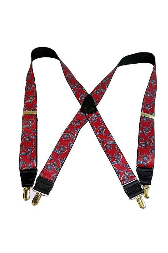 Hold-Ups Red Paisley Pattern Suspenders in X-back and Patented No-slip Gold Clips
