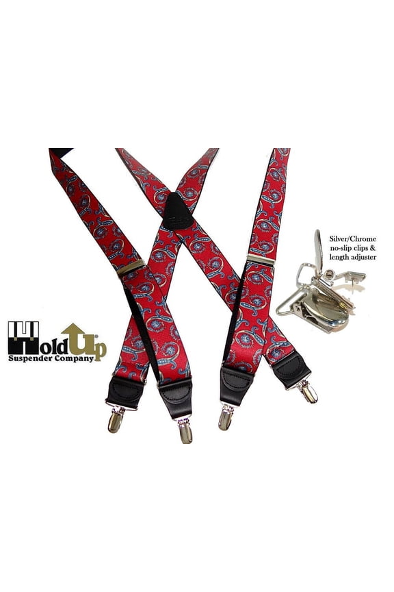 Hold-Ups Red Paisley Pattern Suspenders in X-back and Patented No-slip Silver Clips