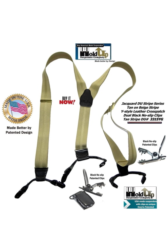 Hold-Ups Tan Jacquard Striped Double-Up Style 1 1/2" Suspenders with No-slip clips