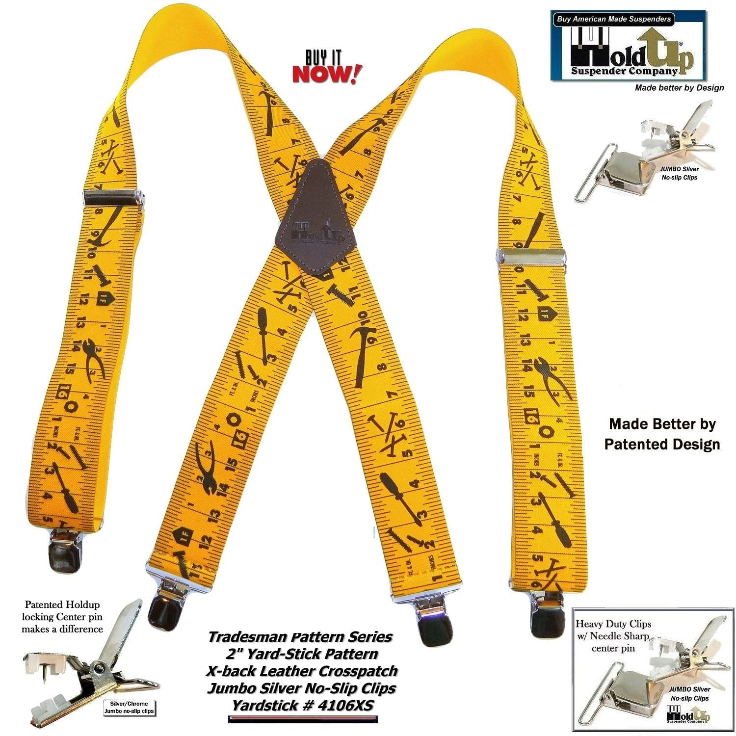 Tradesman Series Yellow Yardstick Pattern Suspenders with Silver Clips