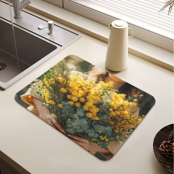 Hold Yellow Flower Drying Mat Diatomaceous Earth Super Absorbent Slip Rubber Sole Heat Resistant 230 Degrees Fahrenheit 23.619.7in
