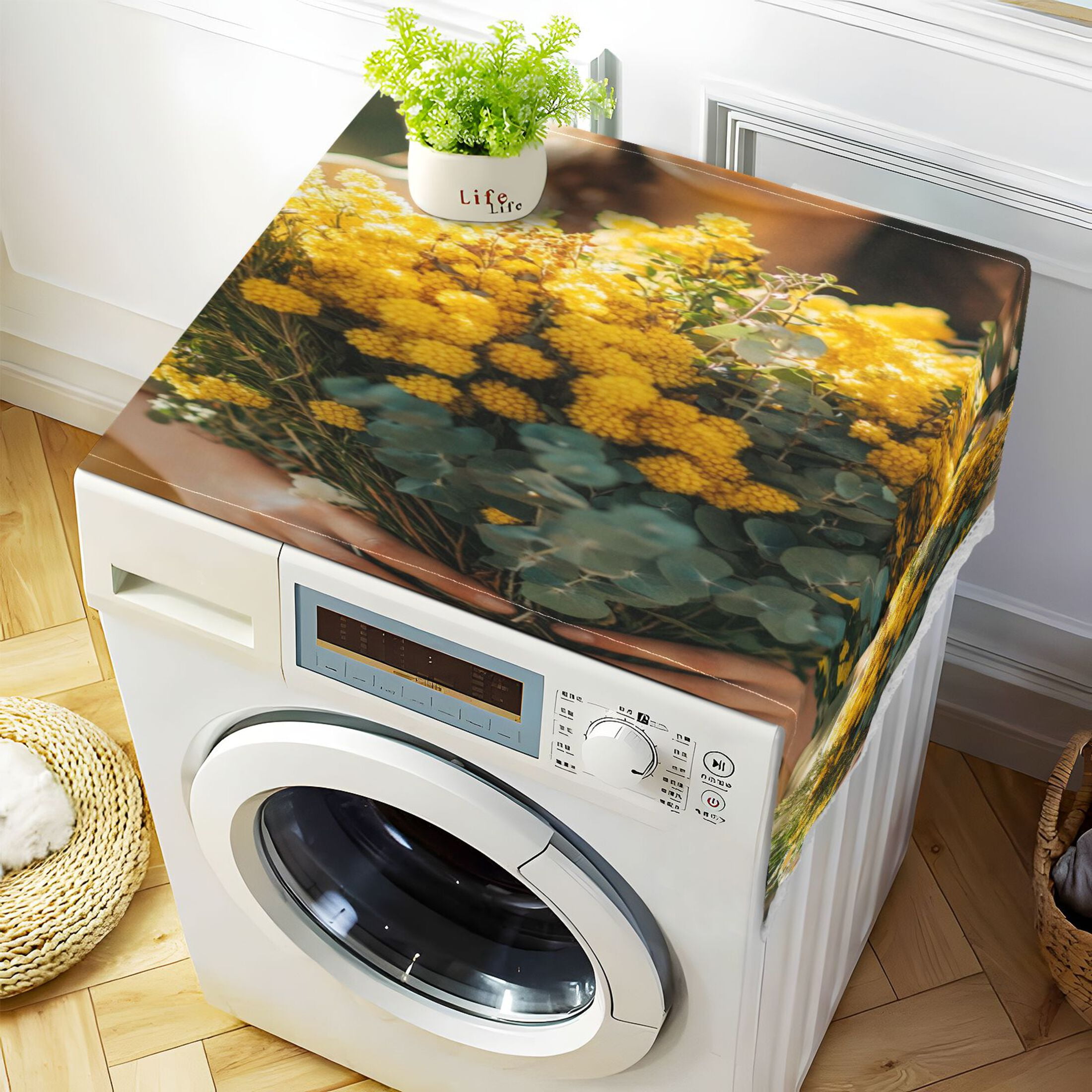 Hold Yellow FlowerWasher and Dryer Covers Dust-Proof and Oil Resistant Fridge Cover with 4 Storage Pockets Washing Machine Top Cover for Laundry Kitchen Home 51.2 x 22 In