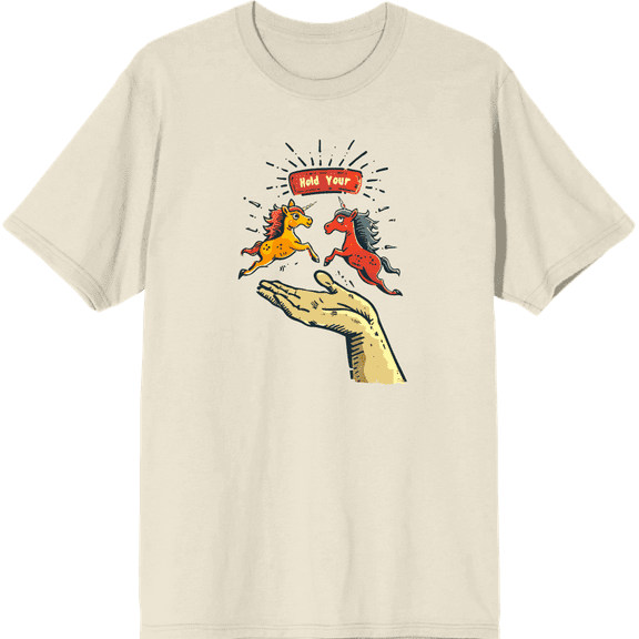 Hold Your Horses Humor Adult Natural Crew Neck Short Sleeve Tee-Small