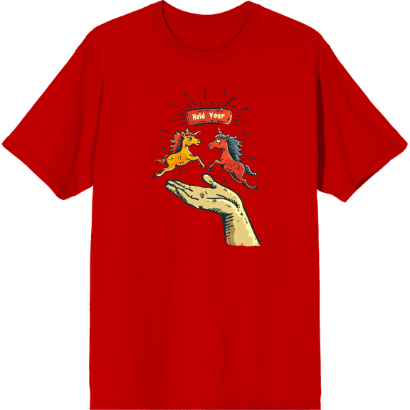 Hold Your Horses Humor Adult Red Crew Neck Short Sleeve Tee-Large