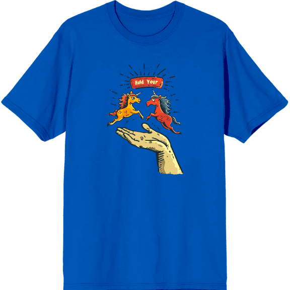 Hold Your Horses Humor Adult Royal Blue Crew Neck Short Sleeve Tee-Medium