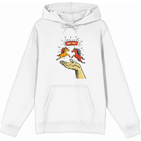 Hold Your Horses Humor Adult White Long Sleeve Hoodie-Small
