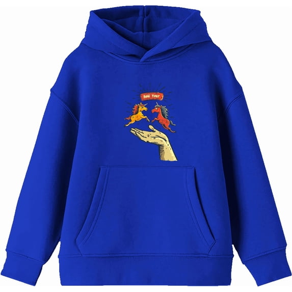 Hold Your Horses Humor Youth Royal Blue Long Sleeve Hoodie-Small