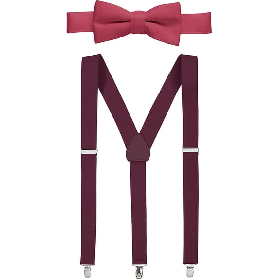 Hold'em 1" Teens & Men Suspender Pre-tied Bow Tie Set - Burgundy (Regular 46")