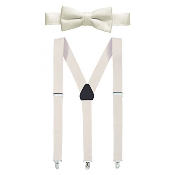 Hold'em 1" Teens & Men Suspender Pre-tied Bow Tie Set - Ivory (Tall 54")