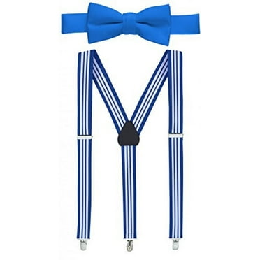 Hold'em 1" Teens & Men Suspender Pre-tied Bow Tie Set - Striped Royal and White (Tall 54")