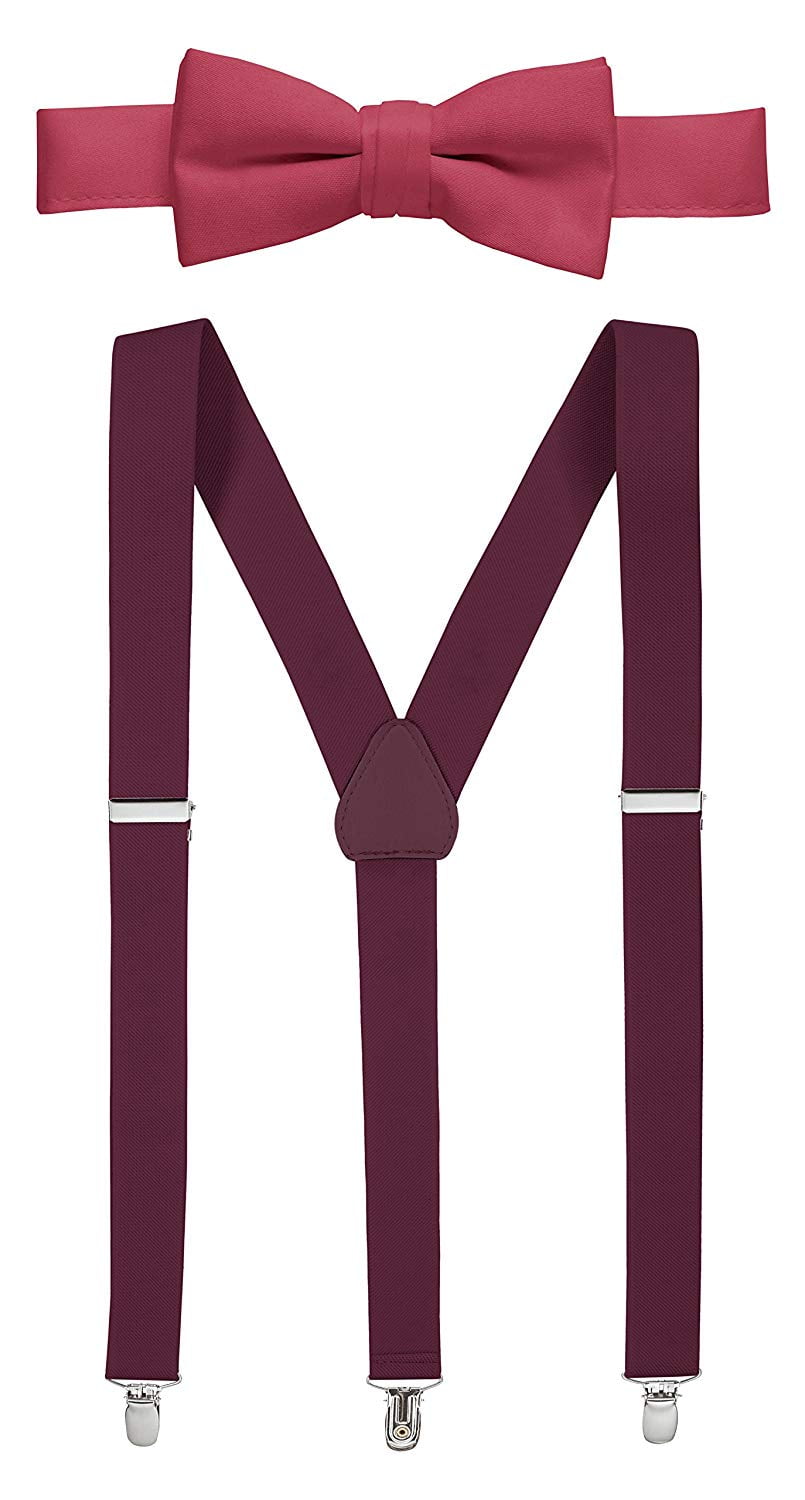 Hold'em 1" Teens & Men Suspender and Bow Tie Set Pre-Tied Bow Tie, Burgundy